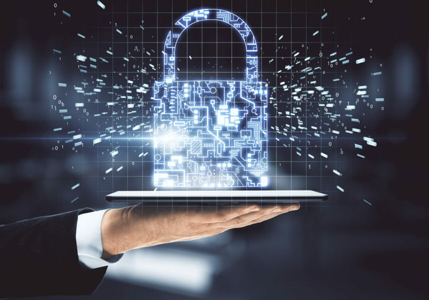 Hand,Holding,Tablet,Computer,With,Glowing,Digital,Padlock,Interface.,Access